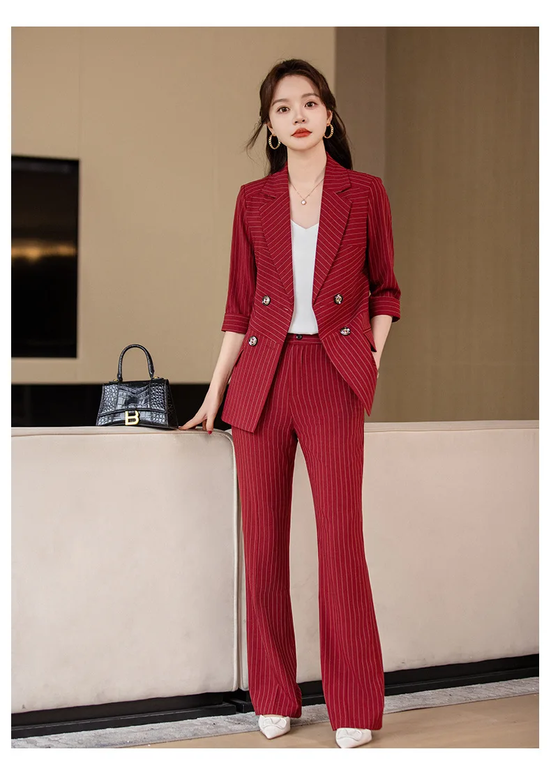 

Summer Pinstripe Women Suit Set 2 Piece Blazer+Pants Black Sexy V Neck Formal Office Lady Work Wear 3/4 Full Sleeves Jacket Coat