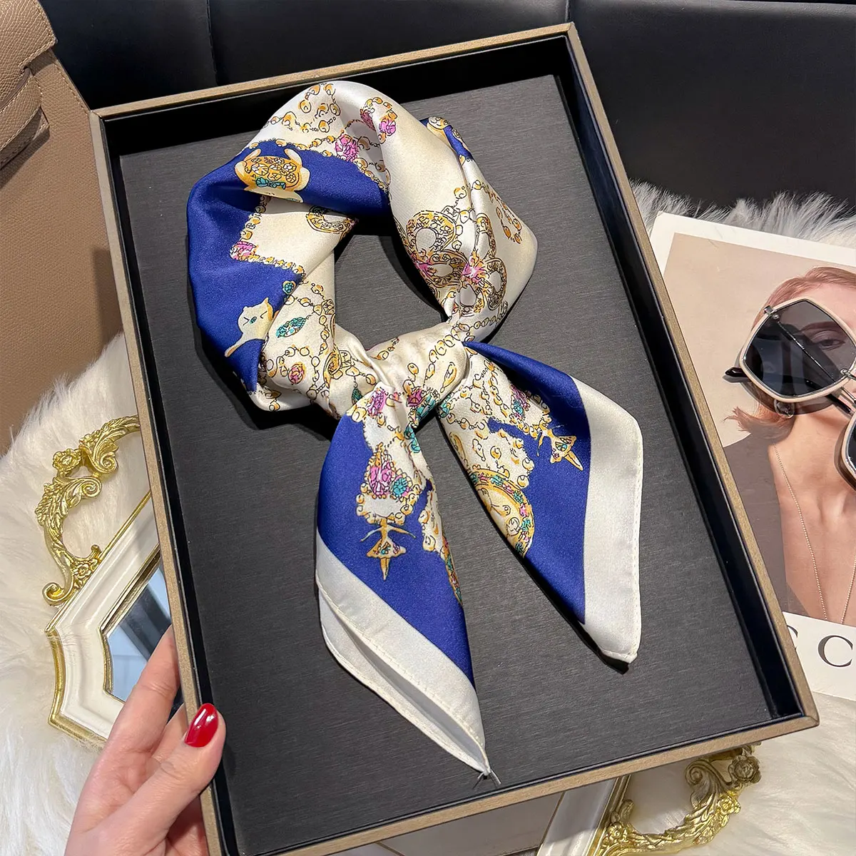 Luxury Butterfly Print 70*70cm Square Scarf Women Soft Satin Hairband Neckerchief Tie Female Headband Foulard Bag Ribbon Gift