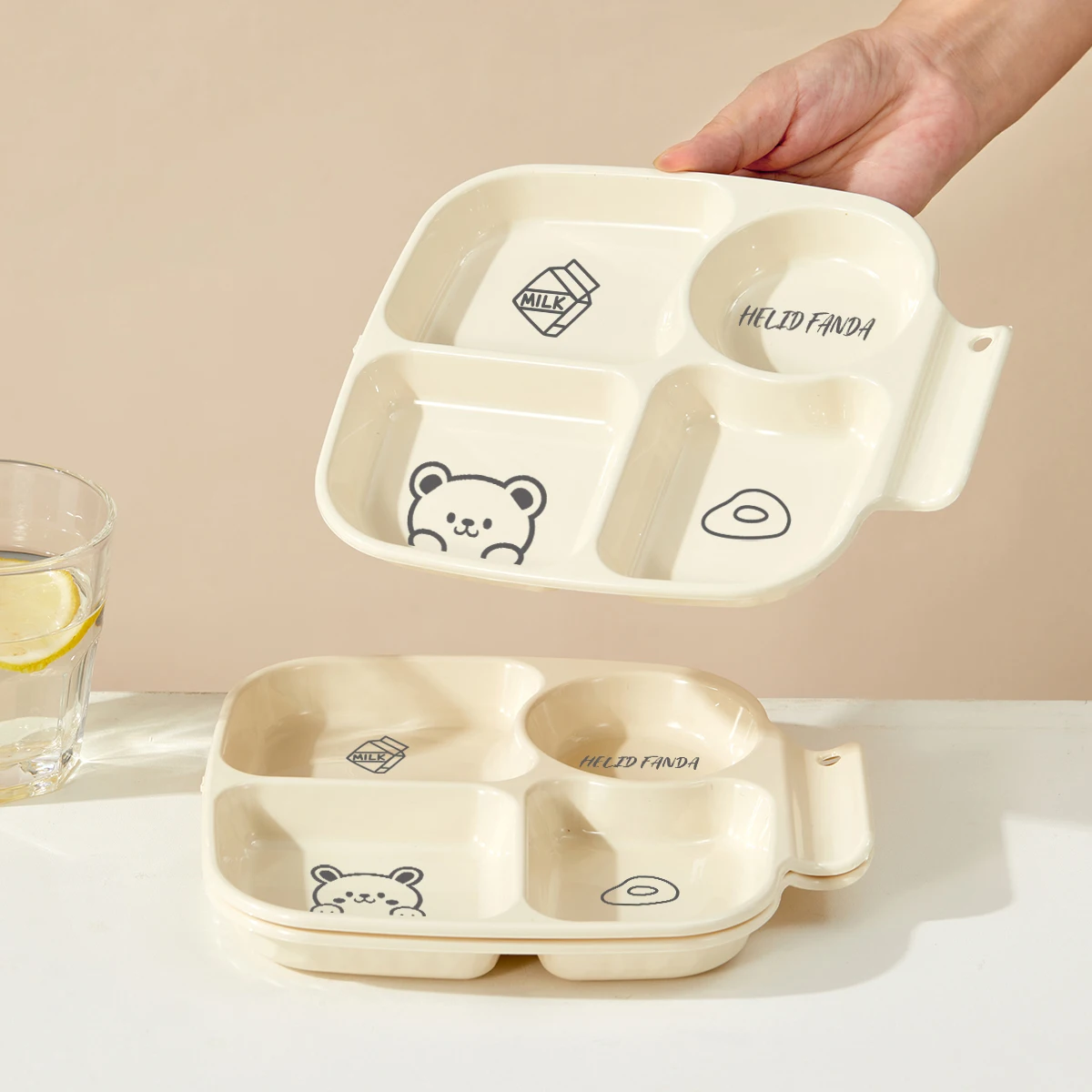 WORTHBUY Multifunctional Divided Storage Tray Cute Pattern Food Serving Trays 4 Grids Fruit Salad Dessert Tray For Kitchen