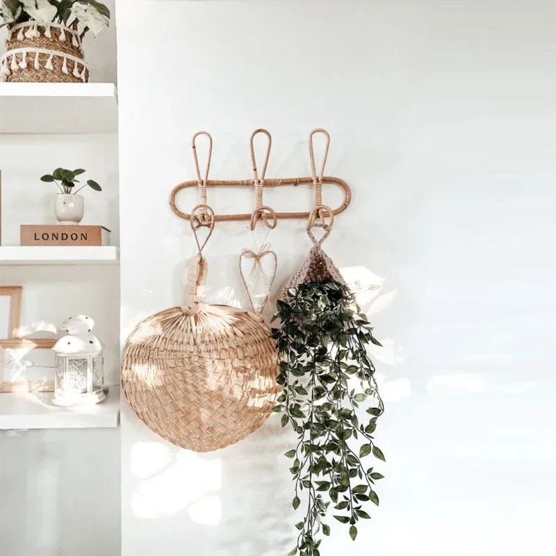 Ins Rattan Wall Hooks Kids Garments Organizer Rack Clothes Hat Hanging Hook Bedroom Closets Kids Room Decor Storage Organizer