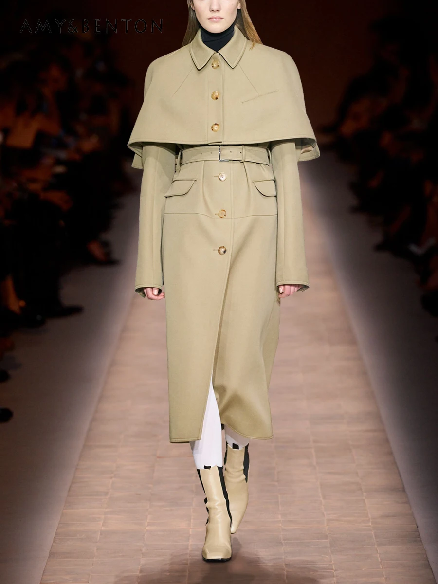 

Высококачественный ретро-Тренч цвета хаки в британском стиле, костюм-двойка, Зимний новый теплый элегантный изящный тонкий миди-костюм