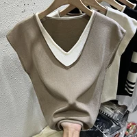 Large Size Ice Silk ort Sve T-irt Women's Summer Loose Slimming Sli Fake Two-Piece Svel Top V-Ne Casual Wear