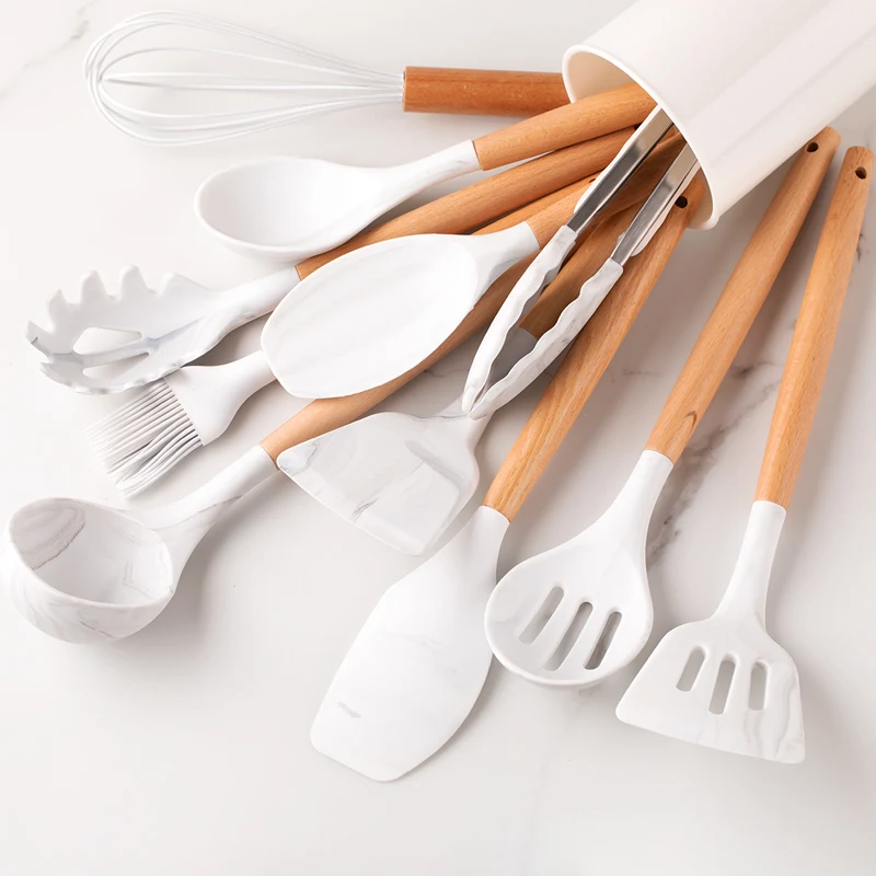 12pcs, Silicone Utensil Set, Khaki Kitchen Utensil Set With Wooden