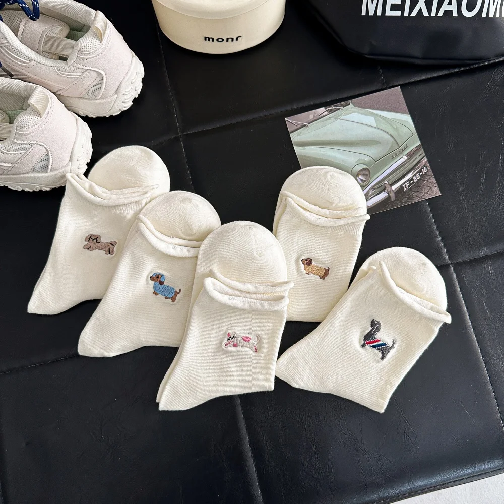 Niedliche Mädchen-Socken mit Cartoon-Tier-Stickerei Hund Katze Weiße Socken Gekräuselte Weiche Locker Sitzende Socken Welpen Kätzchen – Detail 36