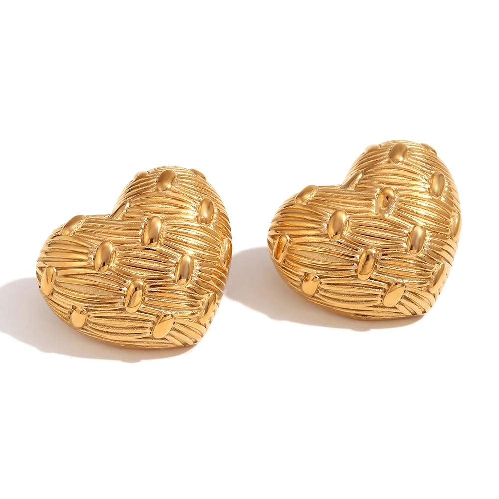 

MamacitaSlay Classic French Woven Fabric Romantic Gold Silver Heart Stainless Steel Earrings 2024 Trend Daily Vintage Jewelry