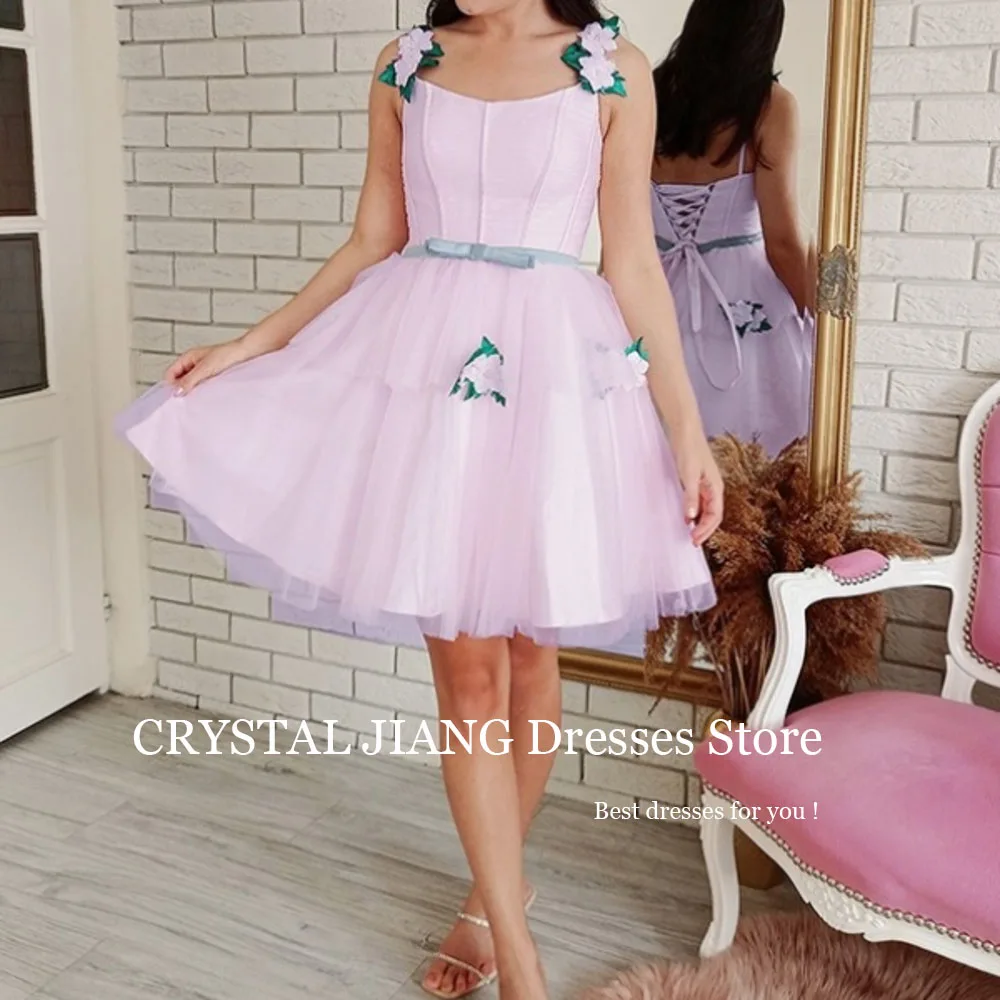 Short Square Collar Tulle Hand Made Flower Natural Waist Sleeveless Lace Up Back A Line Mini Length Homecoming Dresses