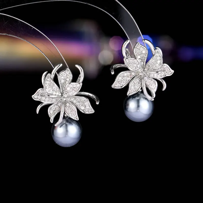 Elegant Temperament Pearl Flower Earrings S925 Silver Needle Micro Pave CZ Stone Gold Plated Wedding Bridal Dangle Jewelry