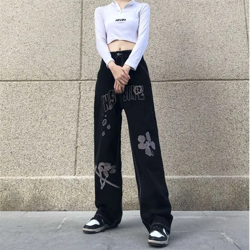 Streetwear Fashion Women Vintage Black Jeans High Waist Spring Autumn New Hip Hop Loose Straight Casual Wide Leg Trousers Female