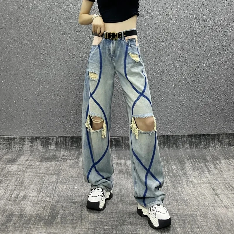 

Джинсы женские рваные в уличном стиле, свободные и стройнящие прямые универсальные брюки, подходящие цвету, для весны и лета