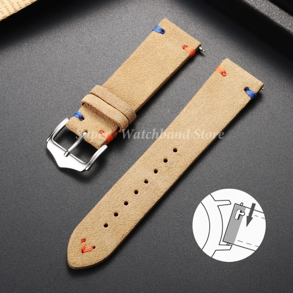 Vintage Suede Leather Watch Strap with Handmade Stitching – Soft and Universal Replacement Wristband