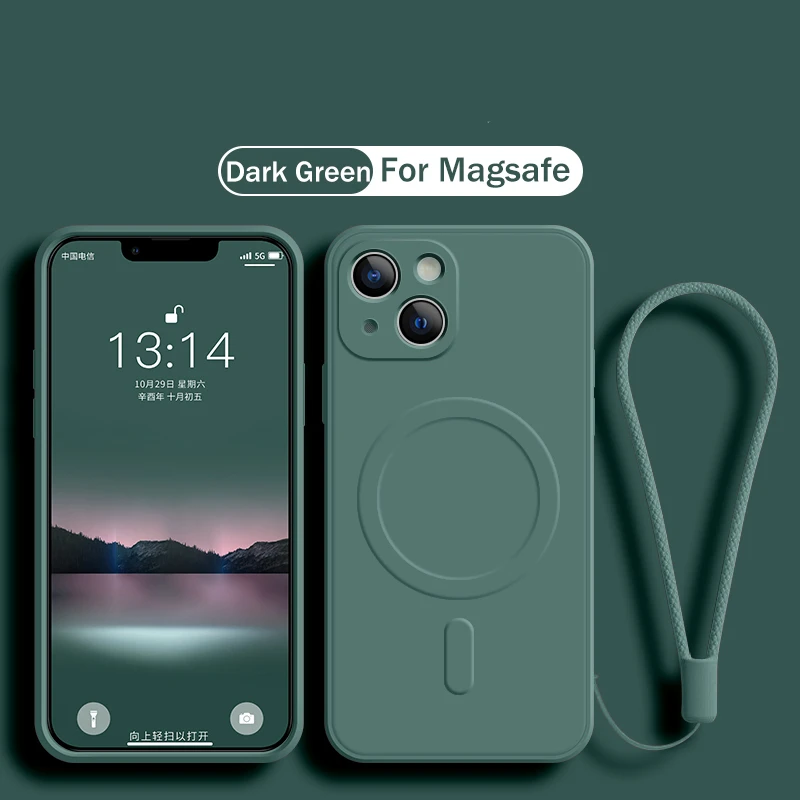 Magsafe Magnetic Wireless Charging Liquid Silicone Phone Cover with Strap