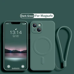 Magsafe Magnetic Wireless Charging Liquid Silicone Phone Cover with Strap for iPhone 14 (Dark Green)