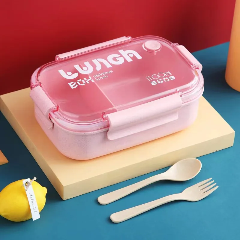 1100ml Wheat Straw Lunch Box Student Lunch Box Sealed/Divided Box with Tableware Can be Microwave Heated lunch box portable food storage box