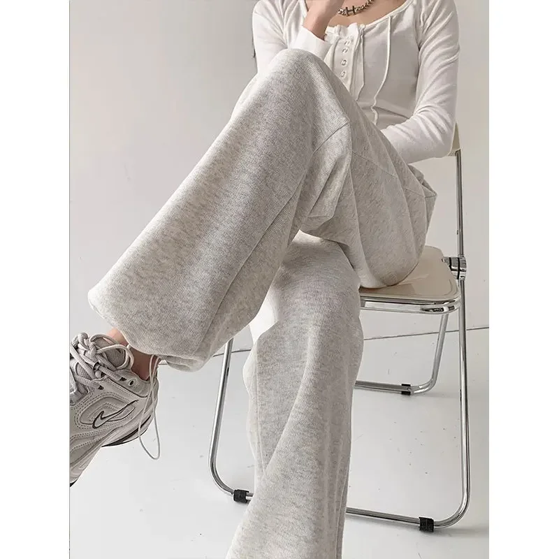 Women's Fleece Lined Drawstring Trousers American Style Loose Casual Sweatpants White Grey Color Sport Pants Autumn Winter