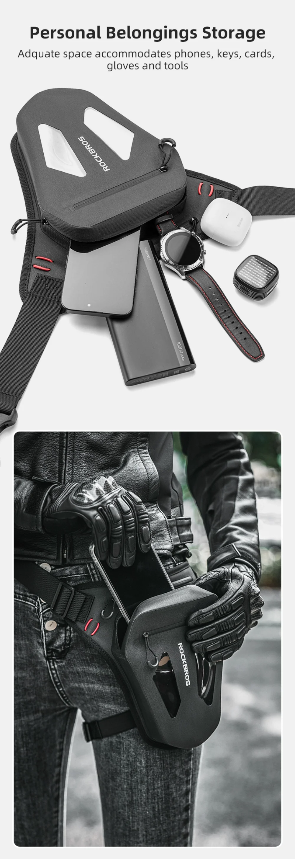 ROCKBROS wasserdichte Motorrad-Beintasche, verstellbare multifunktionale Brusttasche für Herren und Damen, Motorrad-Reitausrüstung – Detail 4