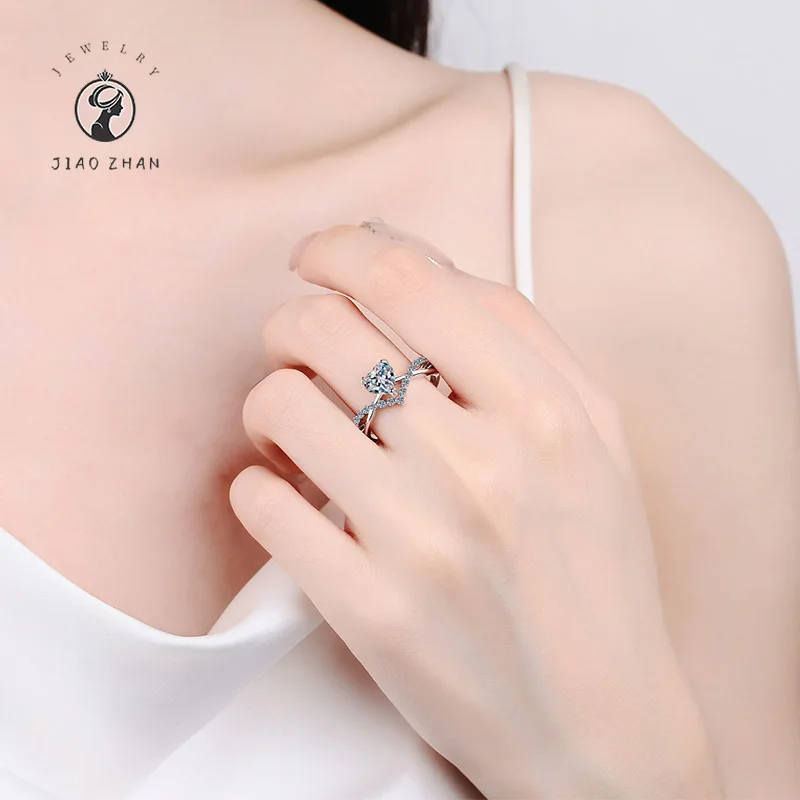 JIAOZHAN 여성용 하트 모양 모이사나이트 반지, S 라이트 럭셔리 주얼리, 생일 결혼 기념일 선물, 신제품