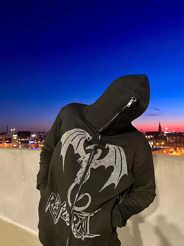 Men's Y2K Style Clothes Fashion Retro Street Zip Hoodie Fire