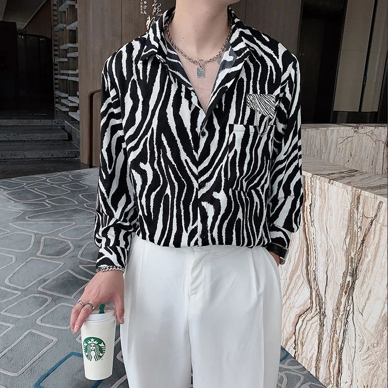 

Autumn Italian Zebra Print Long-sleeved Shirt Male Korean Style Lazy Style Shirt Trend Fancy Shirt For Men Brand Fashion Shirt