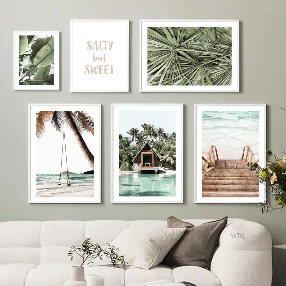 Island Getaway Green Tropical Leaves Palm Tree Swing Wall Art Print Canvas Painting Nordic Poster Decor Pictures For Living Room |