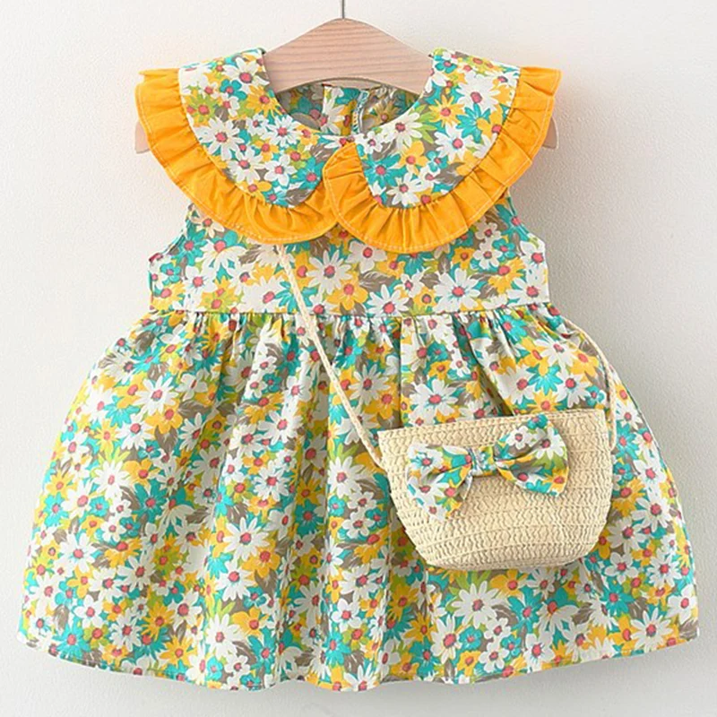 

Summer Toddler Girl Dresses Korean Fashion Flowers Sleeveless Doll Collar Cotton Baby Princess Dress+Bag Newborn Clothes BC2249