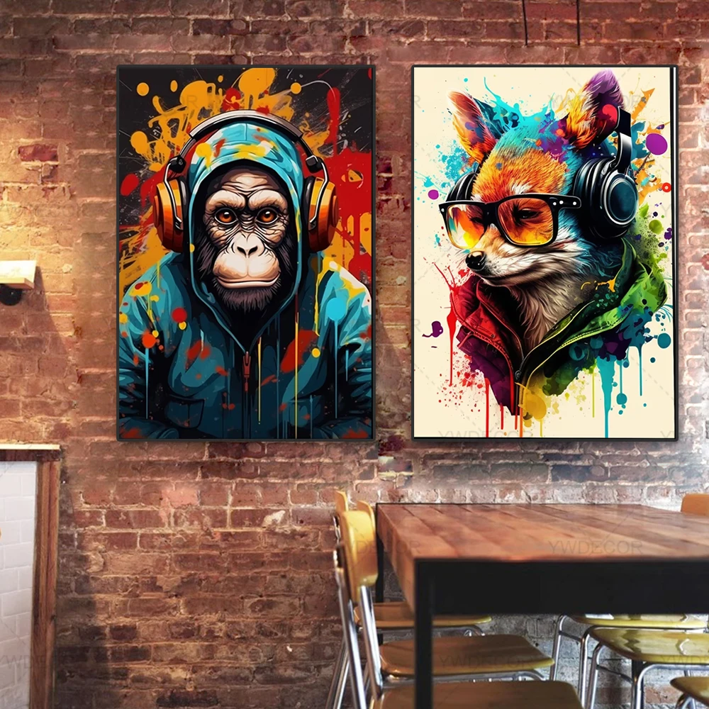 Abstract Pop Art Monkey Earphones DJ Music Wall Poster
