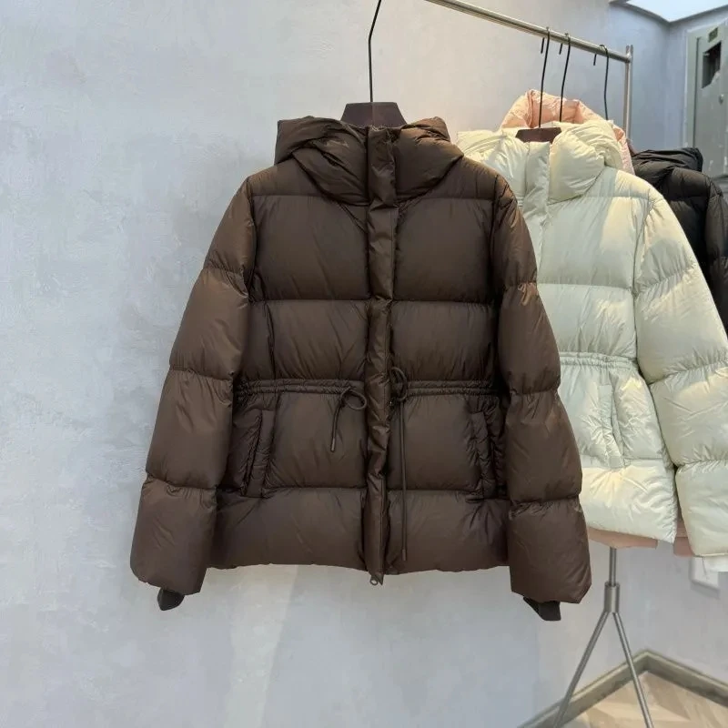 Women Down Cotton Jacket Drawstring Waist Slim Cotton Padded Jacket 2025 Winter New Warm Thicken Cotton Coat Women Hooded Parkas