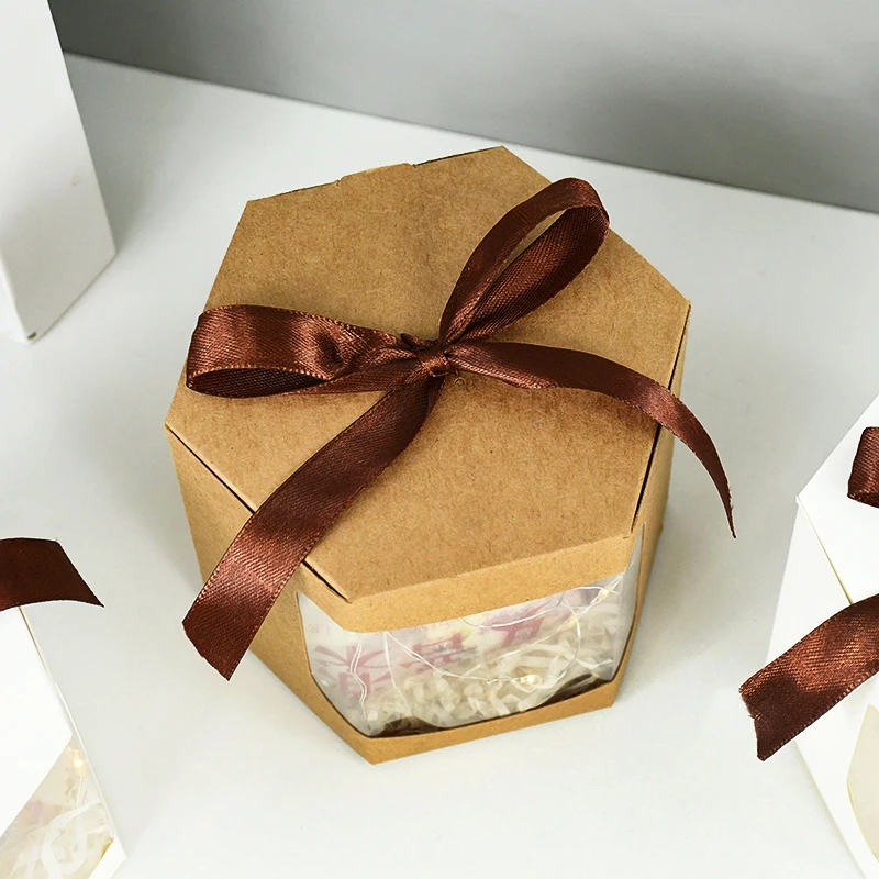 5Pcs Hexagon Kraft Paper Gift Boxes with Transparent Window, Brown and White Dessert Pa... - SKU HKGB1923 - UGI Packaging