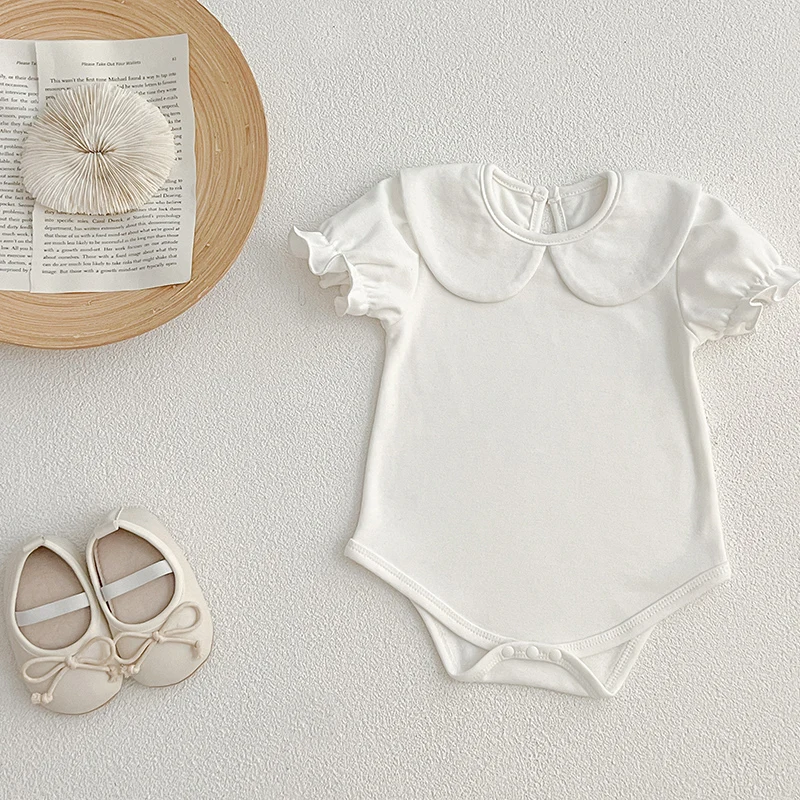 여름  롬퍼 여아 흰색  바디 수트, 반팔 점프 수트, 0-24 개월  옷 의상