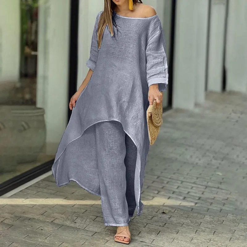Solid Color Irregular Leisure Fashion O-neck Top and Wide Leg Pant 2 Piece Sets Summer Women High Waist Pants Linen Shirt Set