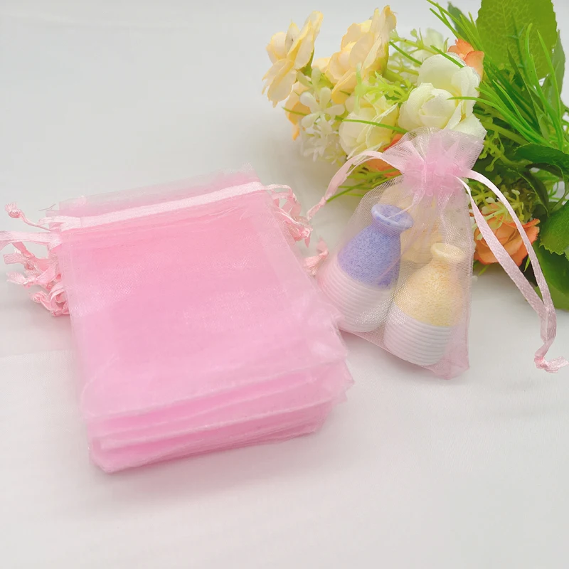 Grande bolsa 100 pçs luz rosa saco de presente casamento embalagem jóias cordão sacos de armazenamento organza saco de malha bolsa de organza sacos de presente