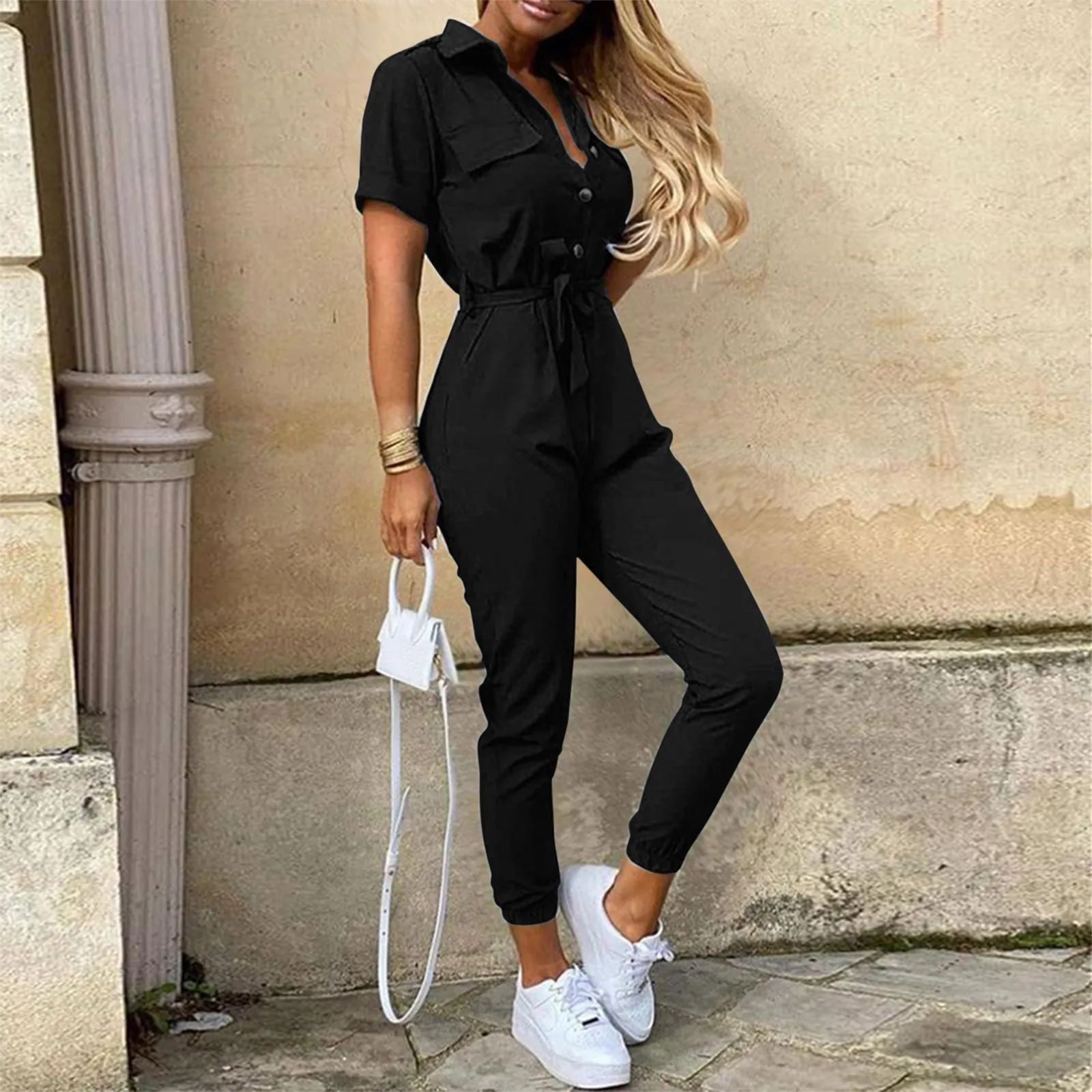 

2024 New Summer Jumpsuit Women Elegant Casual Lapel Buckle Female Jumpsuit Woman Trousers Playsuit Overalls Bodysuit Romper