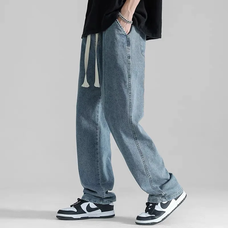Straight Jeans Men\'s Elastic Waist Loose Denim Pants Cotton Summer Wide Leg Jeans Mens Summer Clothes Lightweight Baggy Jeans