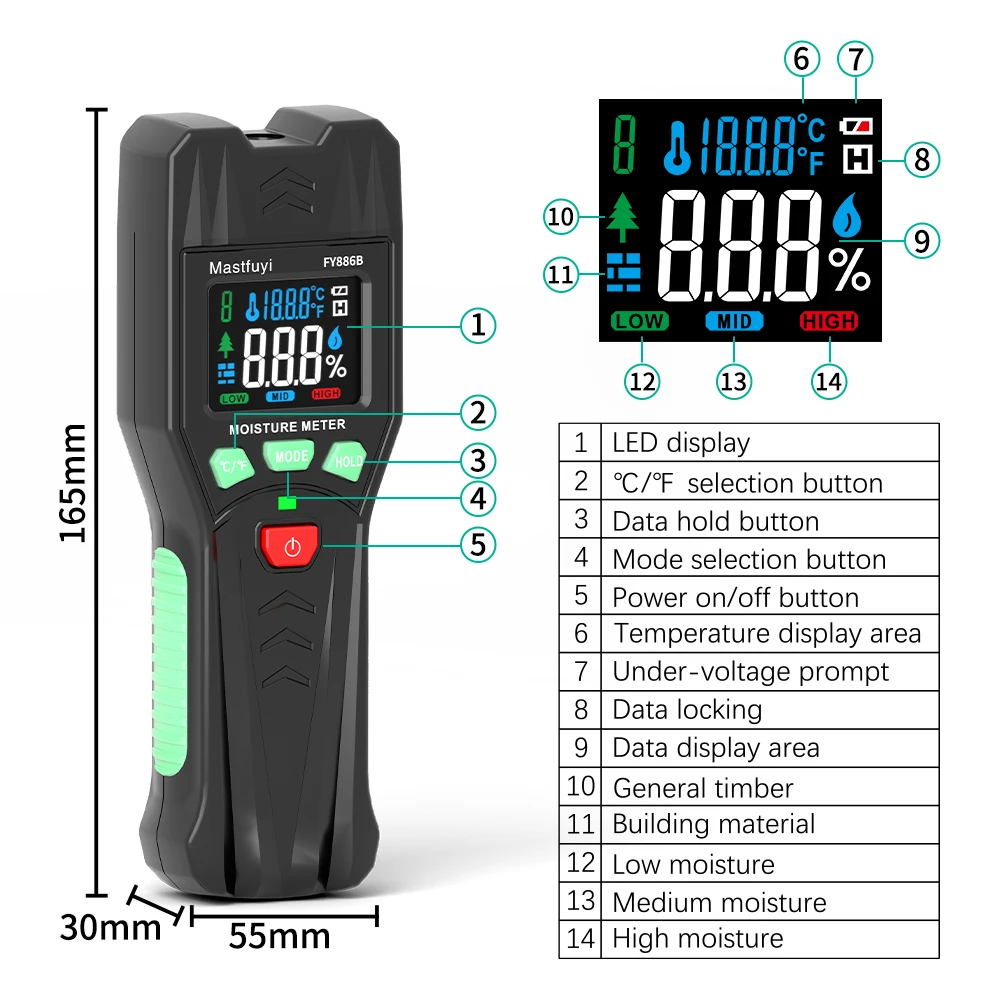 MASTFUYI FY886B Inductive Wood Moisture Meter Hygrometer Non-contact Timber Damp Wall Detector Non-destructive Humidity Tester wood moisture meter
