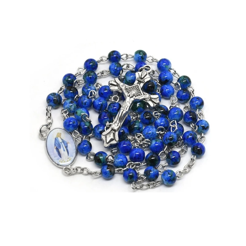 Glass Beads Catholic Rosary Necklace Fashion Crucifix Pendant Chain