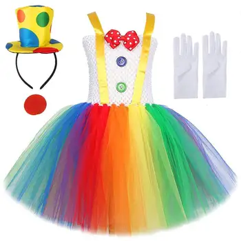 Rainbow Circus Clown Costume for Girls Funny Joker Halloween Tutu Dress for Kids Birthday Carnival Party Outfit Children Clothes 1