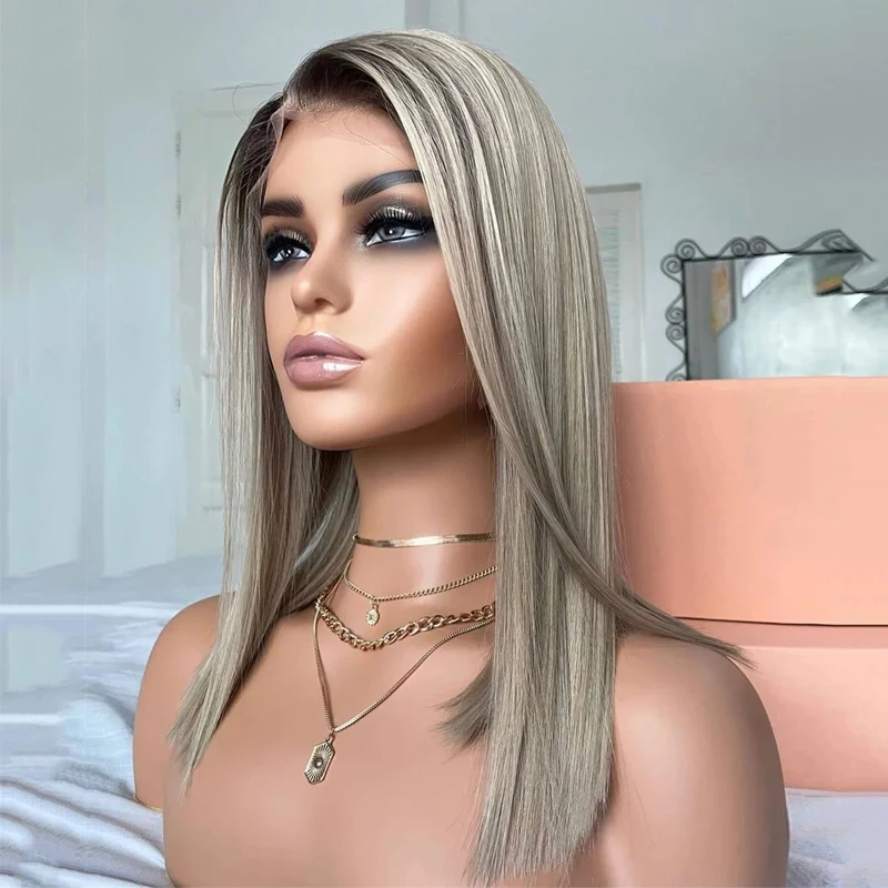 Short Ash Grey Blonde Bob Wigs for White Women Ombre Blonde Wig with Brown Roots Straight Heat Synthetic Daily Party Wig 16 inch