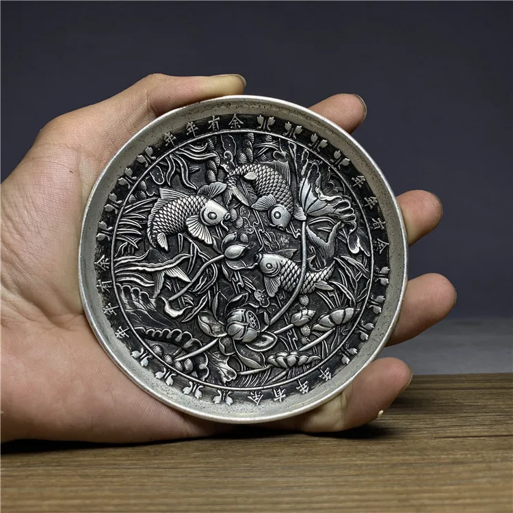 Collection Chinese Tibet Silver Carved Fish Plate Dish Exquisite Statues 3