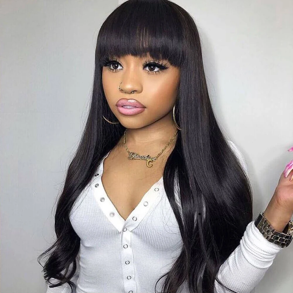 

100% Human Bang Fringe Wig 30 Inches Straight Full Machine Made Wig With Bangs For Black Women Full Bone Straight Cheap Wigs
