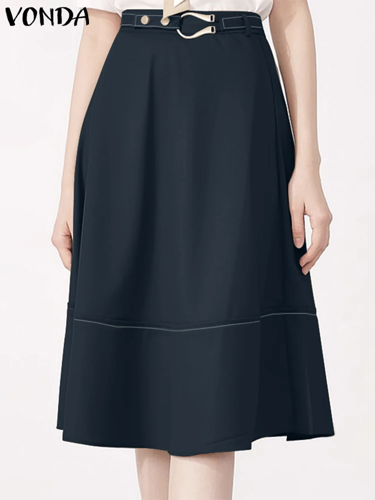 

Elegant Women OL Skirts 2023 VONDA Casual High Waisted Midi Skirts Fashion Sexy Belt Party Bottoms Vintage Solid Color Skirts