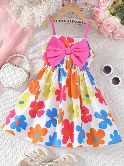Combinaison d'été pour fille avec grand nœud et imprimé floral - style vacances mignon, tendance, idéale pour les déplacements quotidiens 1