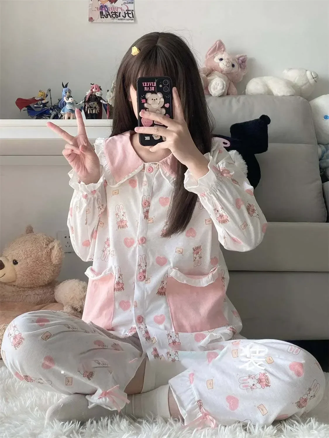 

Комплекты хлопковых свободных розовых пижам, костюмы с кроликом, брюки, ночная рубашка, женская одежда для сна, кружевная одежда с принтом и рукавами 2