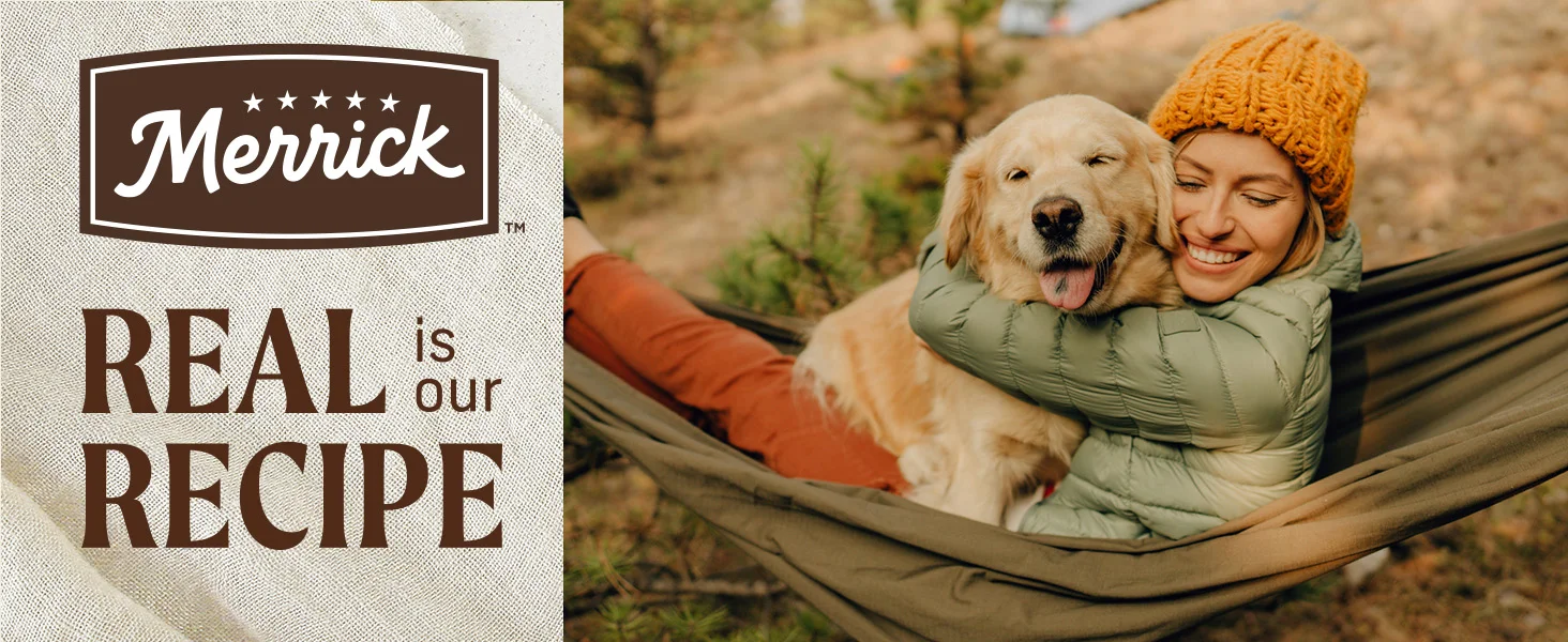 Photo of a woman hugging her dog next to Merrick brand logo