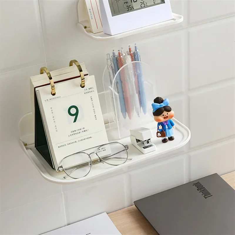 Foldable Wall Shelf Punch-Free Wall-mounted Plastic Floating Shelf Household Bathroom Toilet Towel Clothes Storage Rack 4