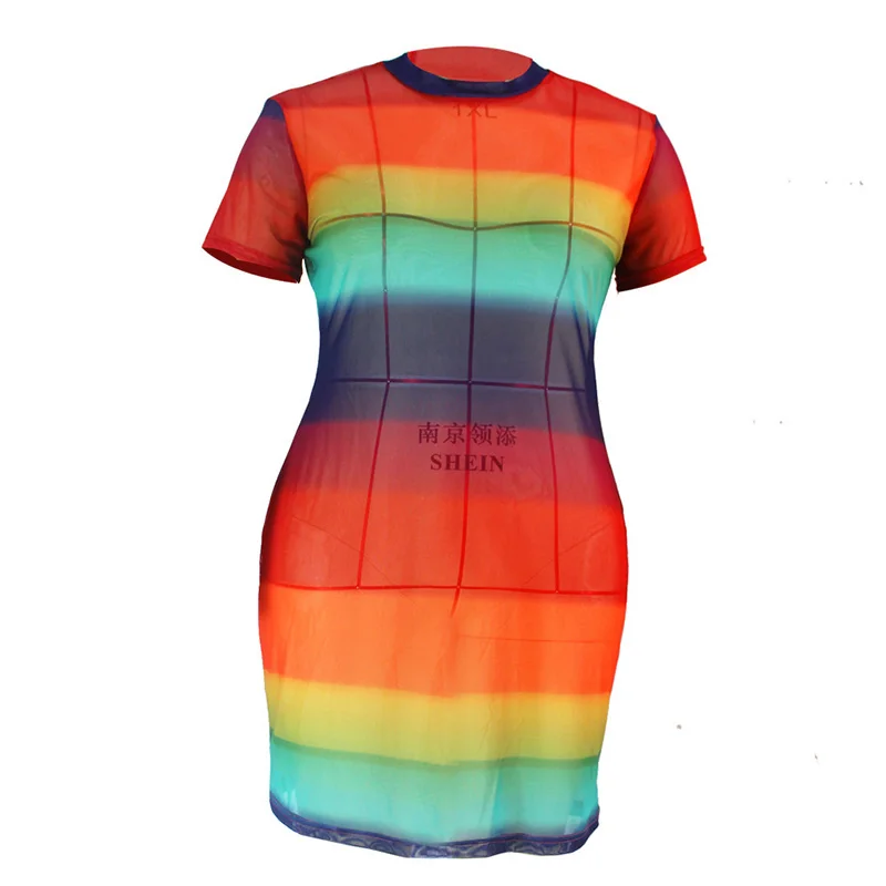 Spring Summer Clothes for Women Sexy Perspective Round Neck Rainbow Striped Printing Short Sleeve Club Plus Size Midi Dresses