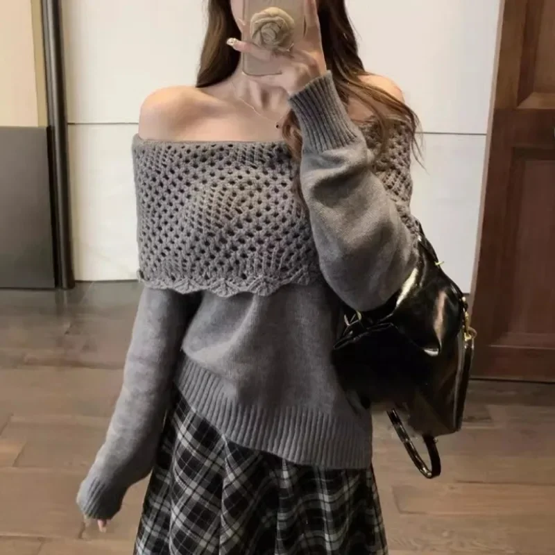 New Women's Off-shoulder One-word Shoulder Slim-fitting Long-sleeved Sweater Hollow Collar Solid Color Elegant Casual Knitwear