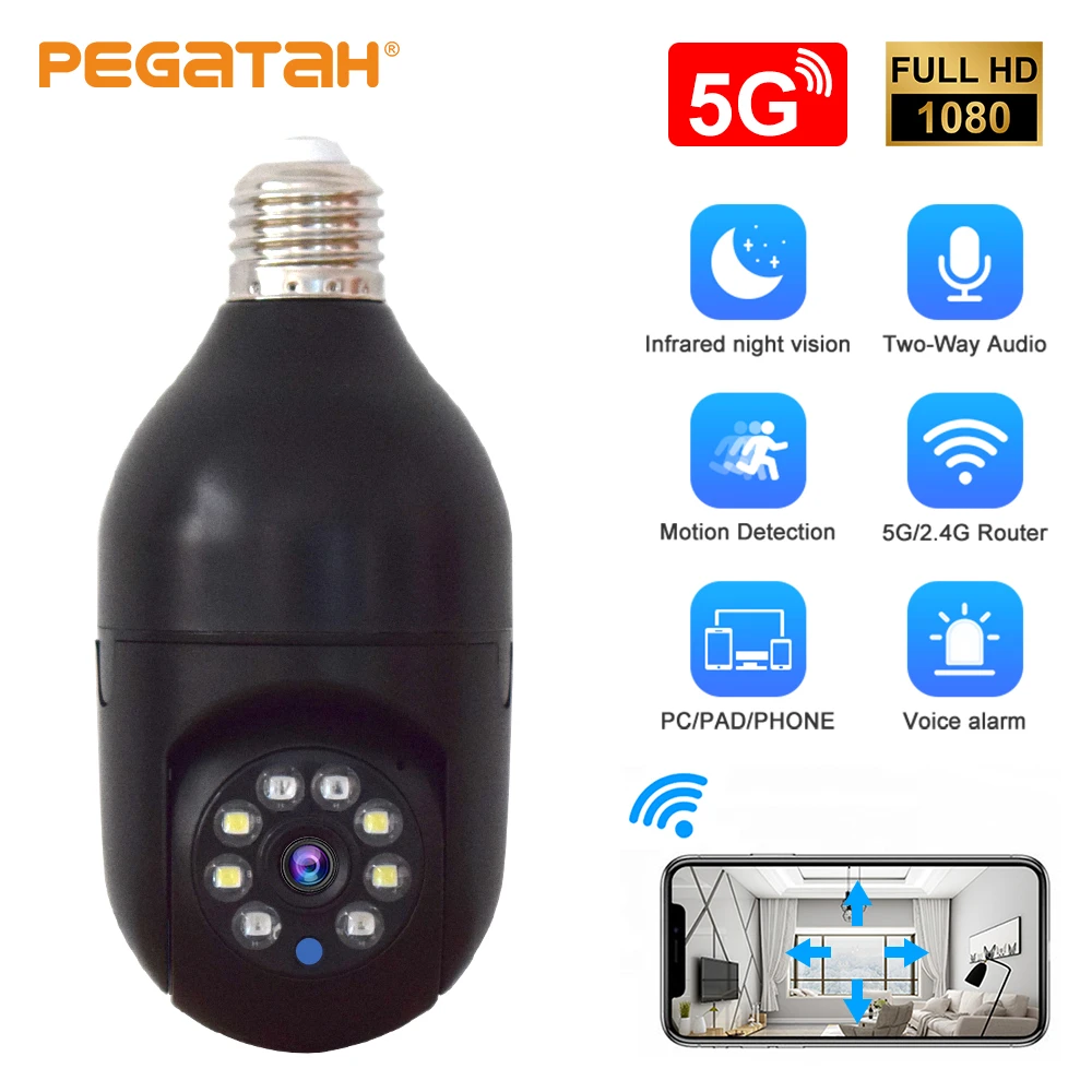 5G Wifi E27 Bulb Camera Night Vision Full Color Automatic Human