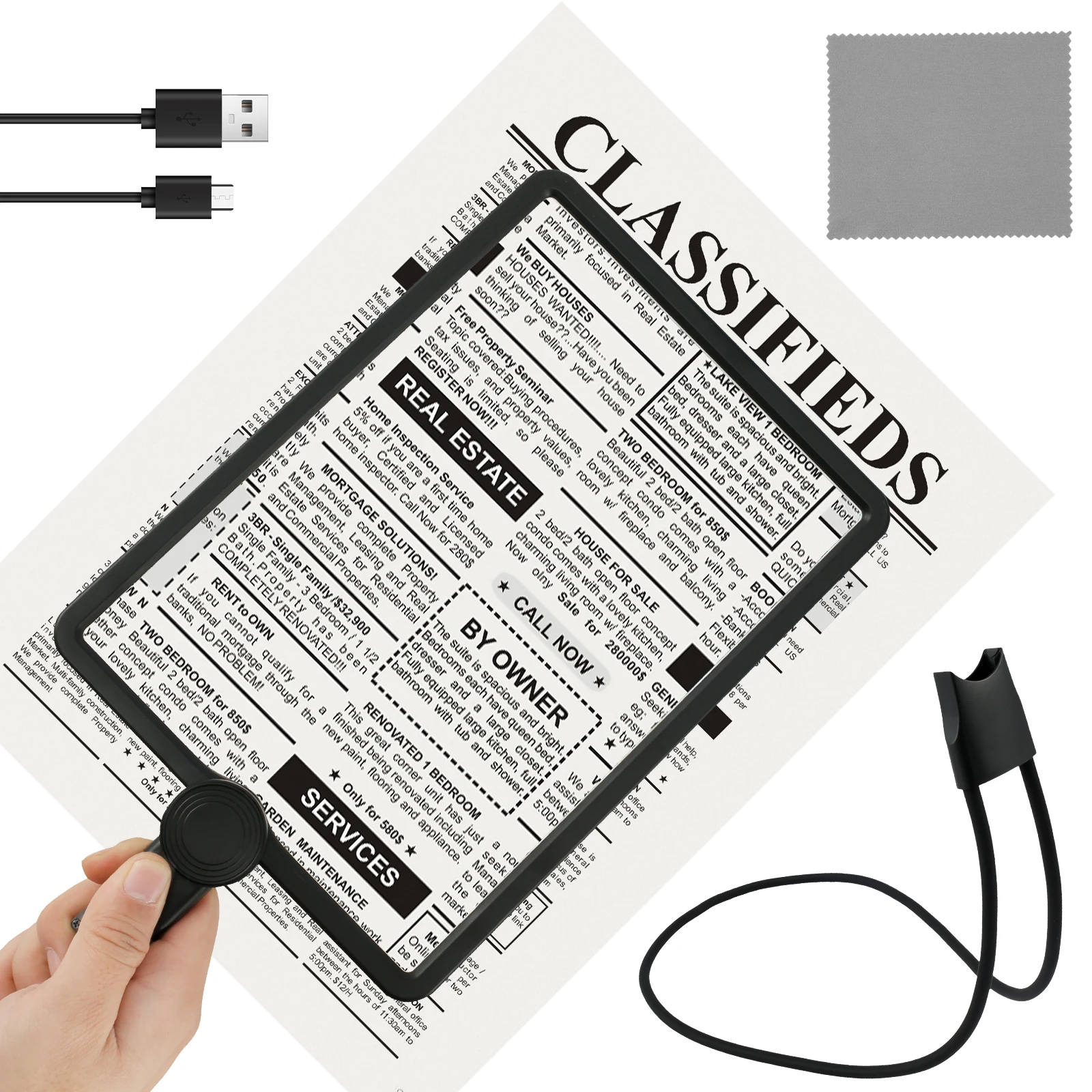 5X Dimmable Neck Wear Magnifying Glass Square LED Reading Magnifier for Full Book Page
