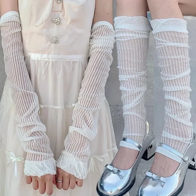Summer Lolita White Knee-high Socks Sweet Mid-calf Thin JK Long Ruffle Leg Cover Thin Breathable Arm Warmers Women Daily Hosiery