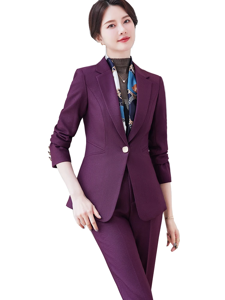 

Elegant Ladies Pant Suit Women Purple Blue Black Solid Formal Blazer And Trouser Female Business Work Wear 2 Piece Set