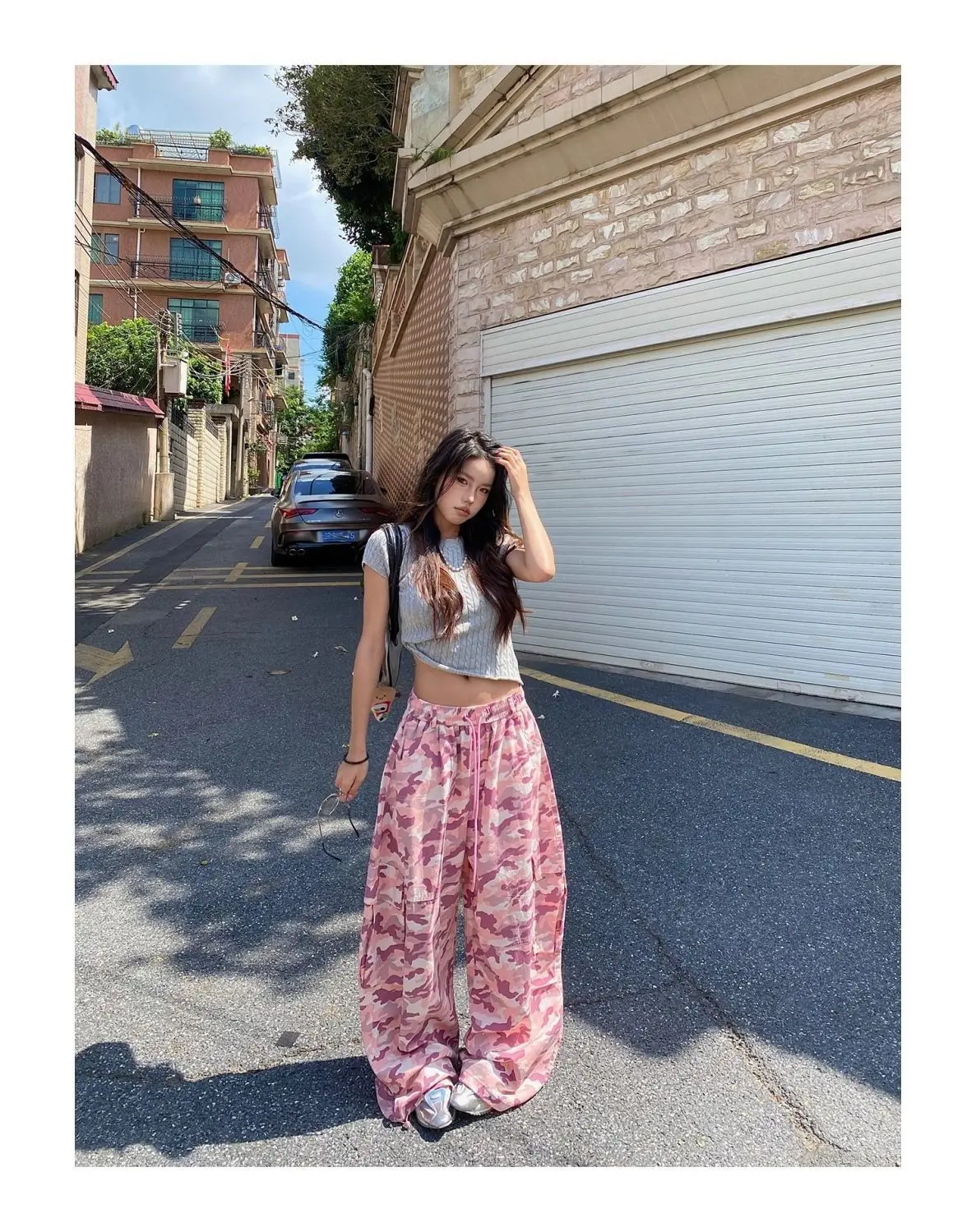 Unique Pink Camouflage Cargo Pants High Waisted Wide Leg Casual Streetwear with Drawstring Waist & Side Pockets Hip Hop Dance